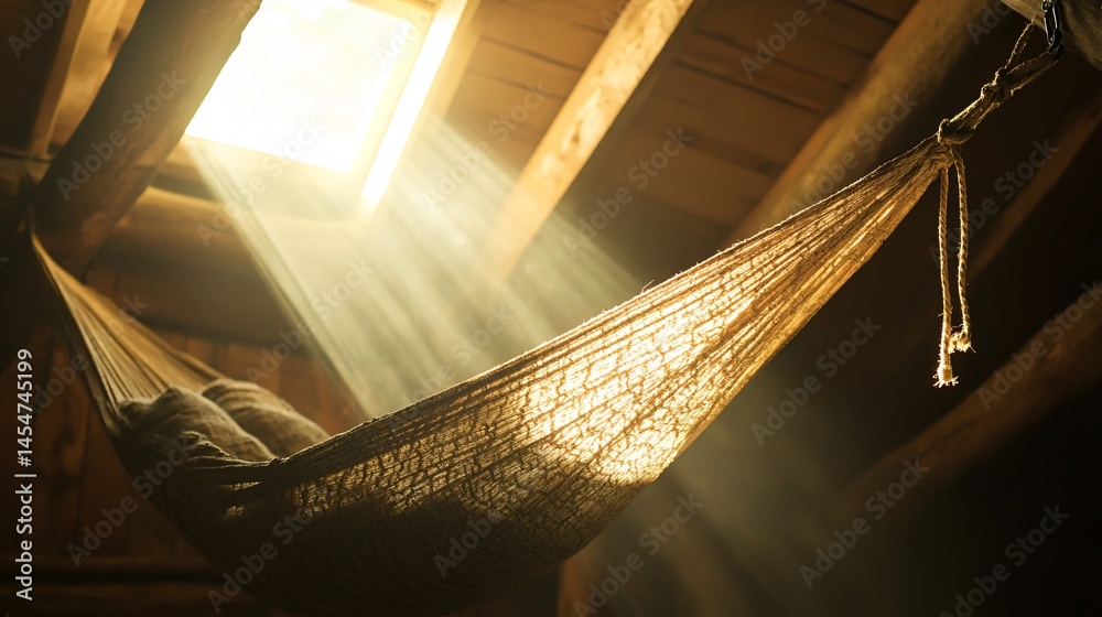 Close up of hammock hook tied to a wooden ceiling beam, sunlight pouring in from open window