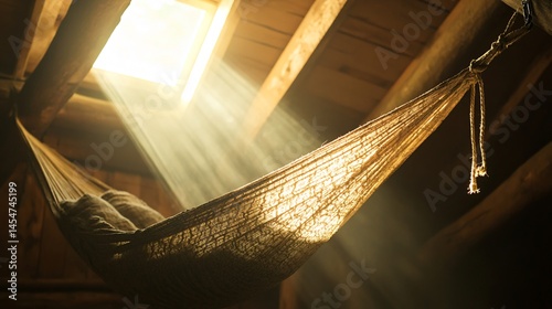 Obraz na płótnie Close up of hammock hook tied to a wooden ceiling beam, sunlight pouring in from open window w salonie