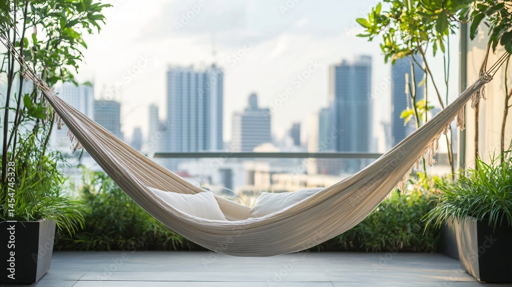 Close up of hammock in rooftop garden with modern decor, city skyline in the soft background