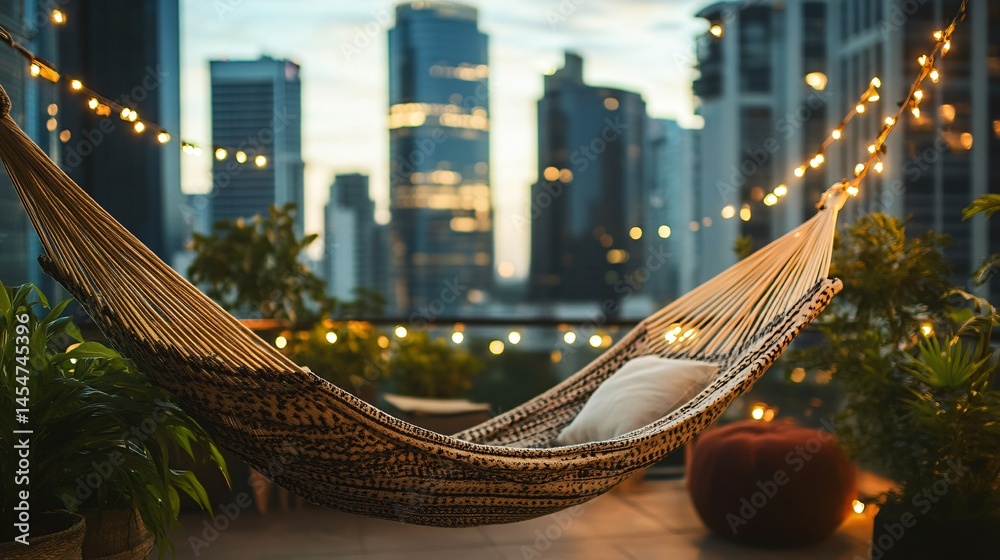 Close up of hammock in rooftop garden with modern decor, city skyline in the soft background