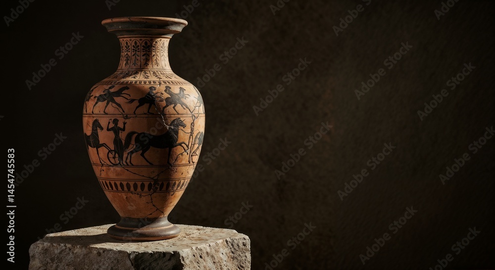 Ancient Greek amphora vase with painted horse racing scene on rustic stone pedestal, historical art