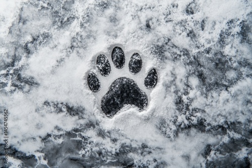 A dark paw print in the snow, a symbol of nature's beauty and wildlife.