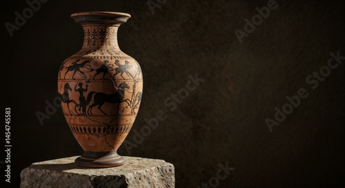 Obraz na płótnie Ancient Greek amphora vase with painted horse racing scene on rustic stone pedestal, historical art w salonie