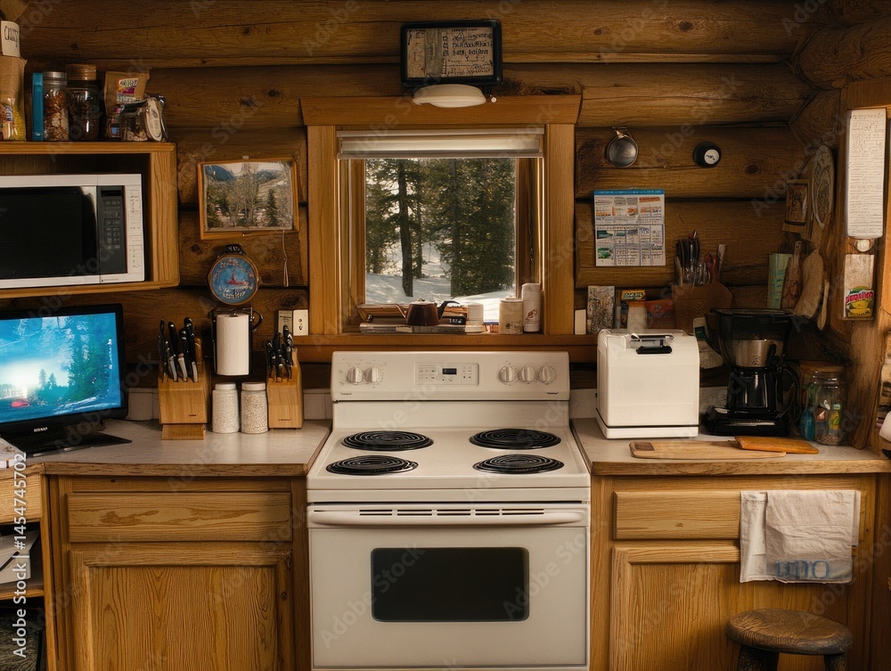 Fototapeta premium Cozy kitchen with a view of the outdoors in a rustic cabin.