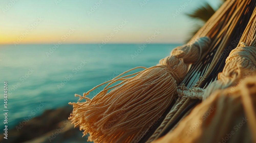 Close up of hammock tassels blowing near seaside breeze, blurred ocean horizon in backdrop