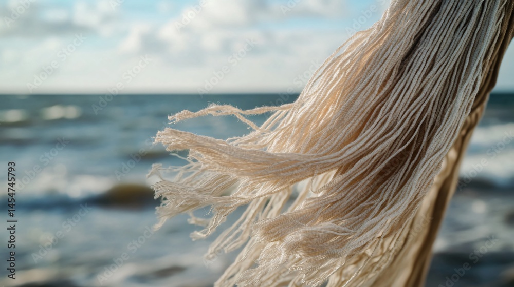 Close up of hammock tassels blowing near seaside breeze, blurred ocean horizon in backdrop