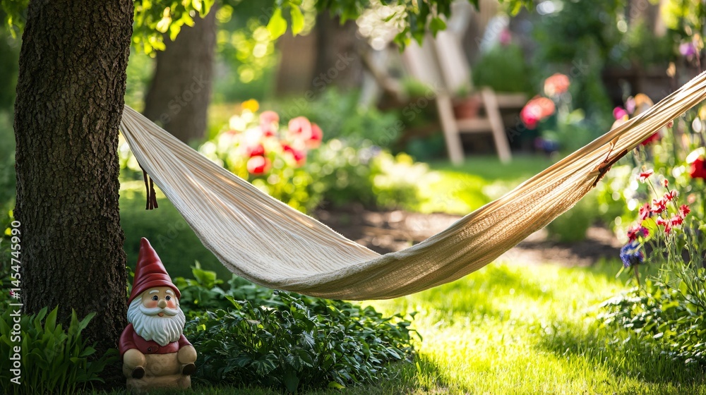 Close up of hammock tied under a tree, soft focus garden gnome and flowerbeds in background