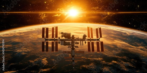 Fototapeta Naklejka Na Ścianę i Meble -  Sunrise view of the international space station orbiting earth.