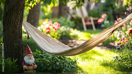 Close up of hammock tied under a tree, soft focus garden gnome and flowerbeds in background