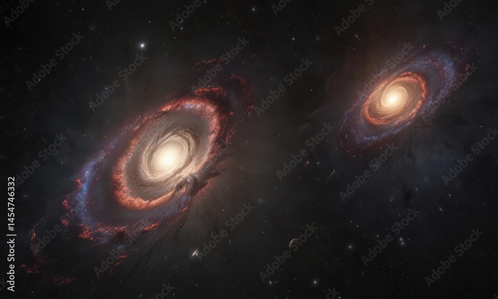 Naklejka premium Distant galaxies, swirling nebulae in inky black, deep space, art, universe