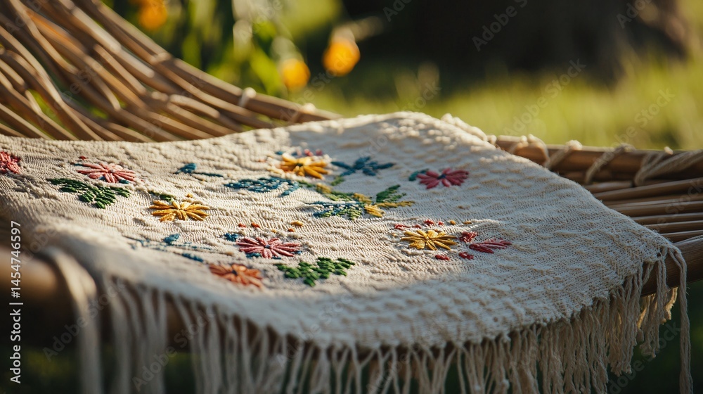 Detailed look at hammock texture with embroidery patterns, summer picnic elements in background