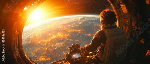 Black astronaut looks out from spaceship window at Earth during sunrise, feeling wonder and excitement.
