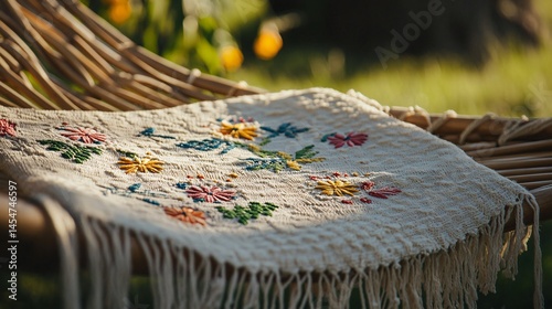 Obraz na płótnie Detailed look at hammock texture with embroidery patterns, summer picnic elements in background w salonie