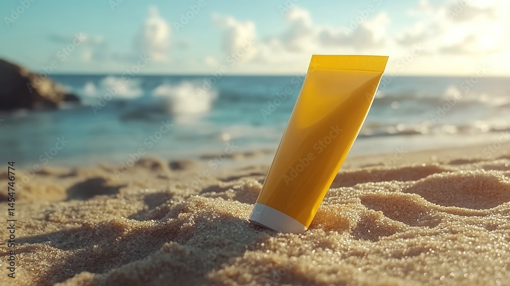 A yellow sunscreen tube on a sandy beach, with a sunny beach, blue sea, and distant rocks in the background. A yellow sunscreen tube on a sandy beach, with a sunny beach, blue sea, and distant rocks in the background.