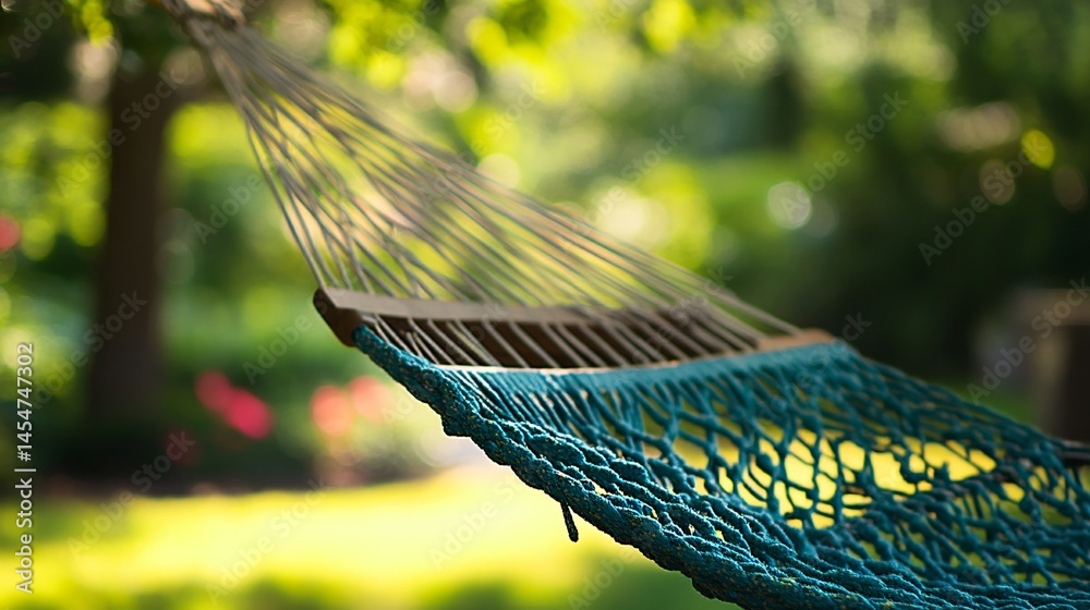Hammock strings tangled artistically, soft bokeh in background showing garden trees and flowers