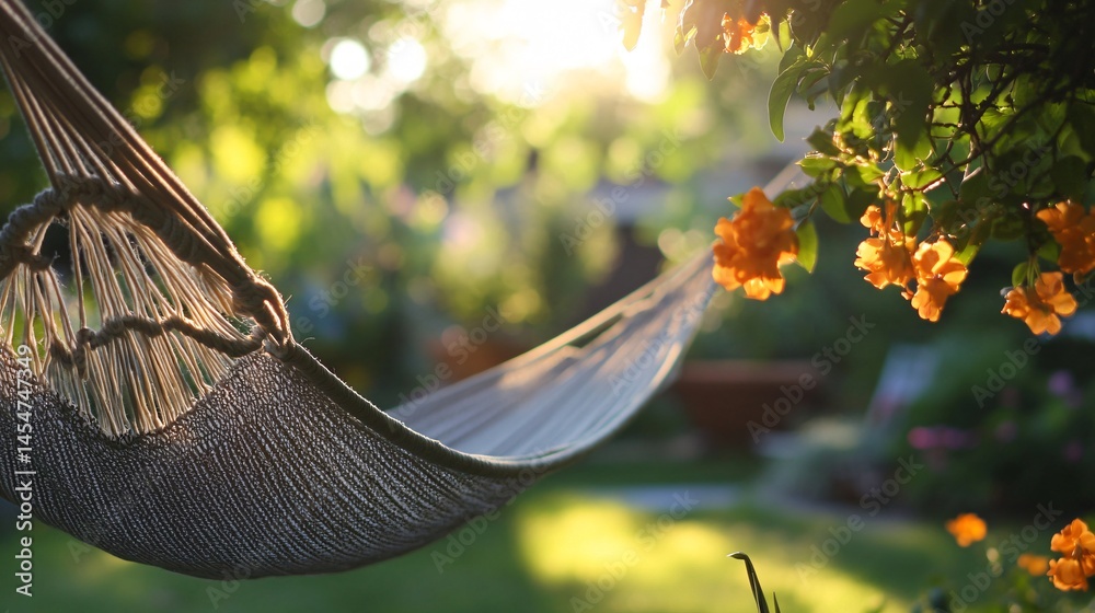 Hammock strings tangled artistically, soft bokeh in background showing garden trees and flowers