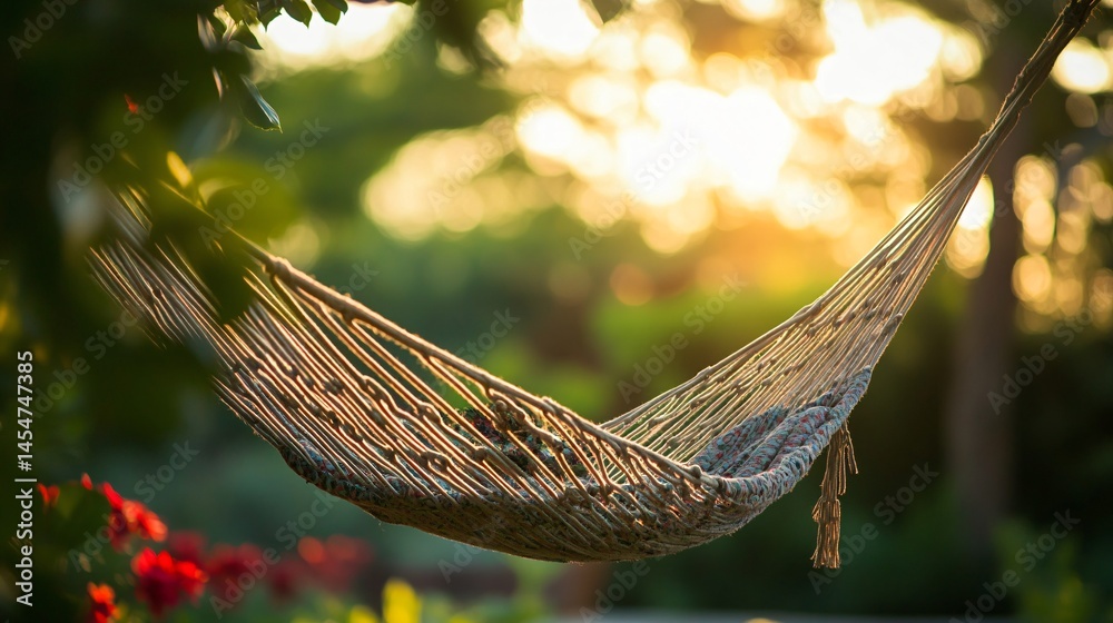 Hammock strings tangled artistically, soft bokeh in background showing garden trees and flowers