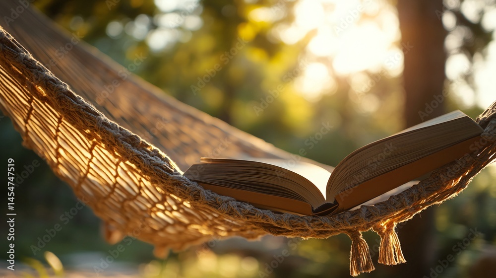 Hammock’s edge in focus with relaxing book pages turned by wind in soft background