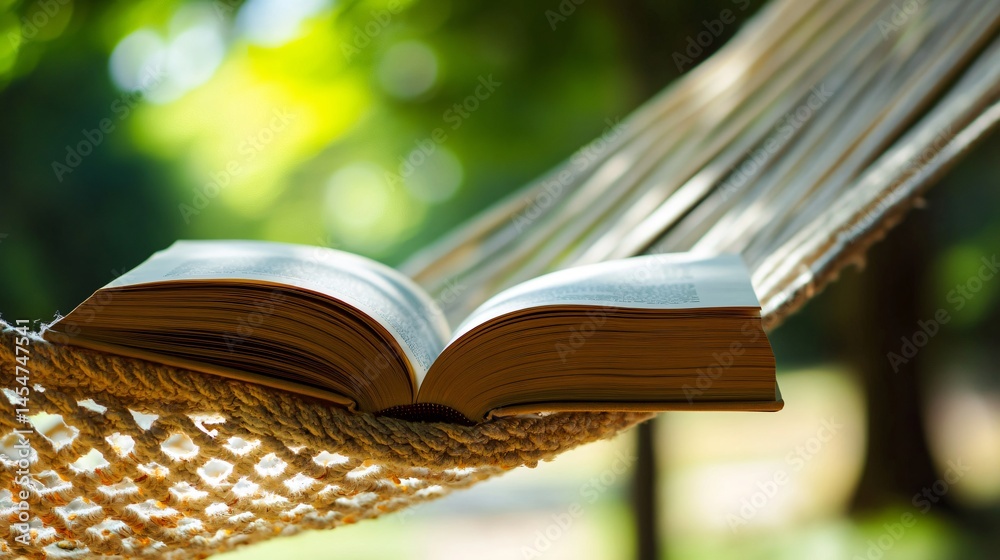 Hammock’s edge in focus with relaxing book pages turned by wind in soft background