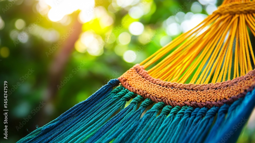 Macro shot of colorful woven threads of a hammock, bright daylight with green jungle backdrop