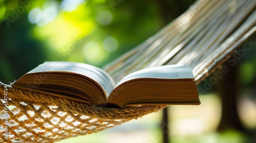 Obraz na płótnie Hammock’s edge in focus with relaxing book pages turned by wind in soft background w salonie