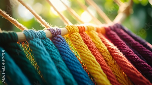 Macro shot of colorful woven threads of a hammock, bright daylight with green jungle backdrop