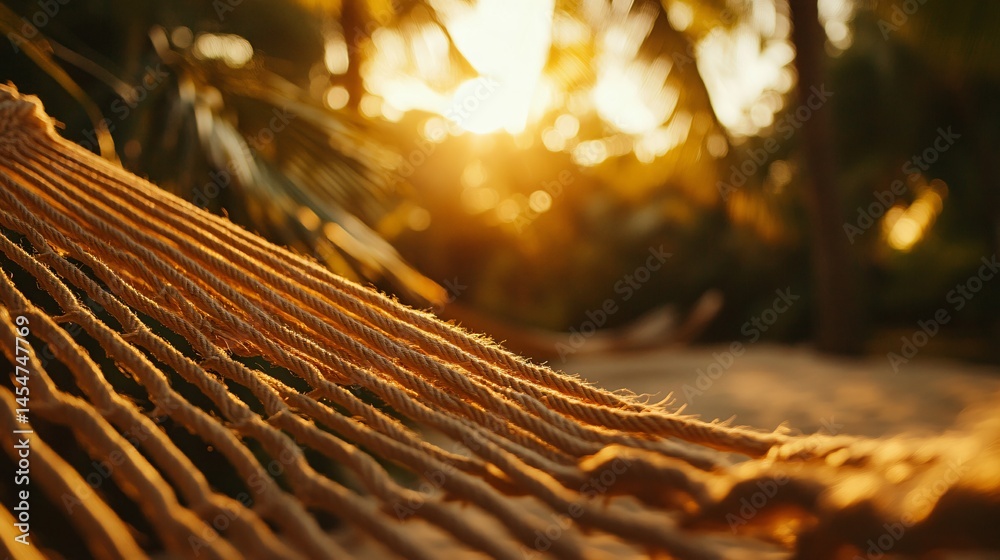 Tight shot of hammock material with tropical leaves in the background, warm golden tones