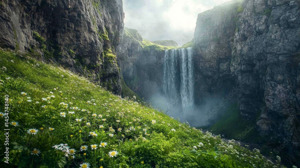 Fototapeta premium Serene Waterfall Cascading Through Lush Green Meadow