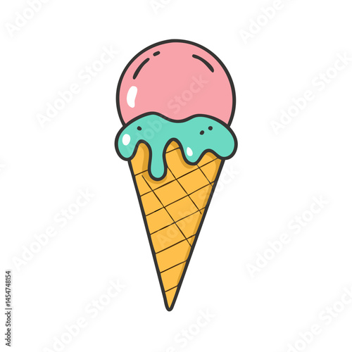 Delicious ice cream cone vector illustration with pink scoop and mint topping for summer treat design