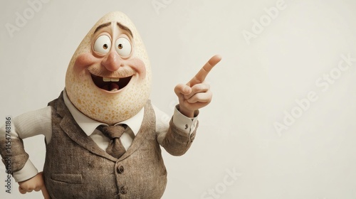 A humorous depiction of a man with an absurdly large, egg-shaped head, pointing right with an overjoyed expression, blank white background with ample copy space 