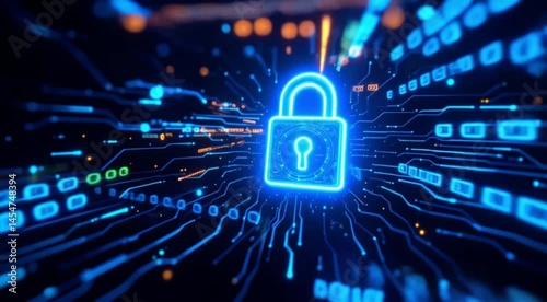 Digital security concept with glowing padlock on electronic circuitry display