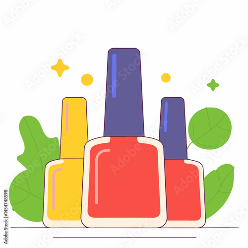 Vector illustration of nail gel polish bottles in vibrant colors surrounded by green leaves on a light background

