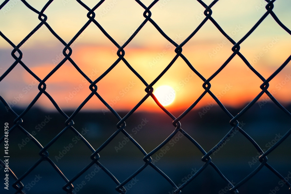 Fototapeta premium Sunset Through Chain Link Fence A Captivating Silhouette