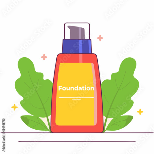 Vector illustration of foundation bottle with colorful design surrounded by green leaves on a white background