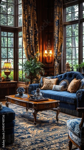 A Luxurious Vintage Living Room with Elegant Decor, Gorgeous Accessories, and Natural Light