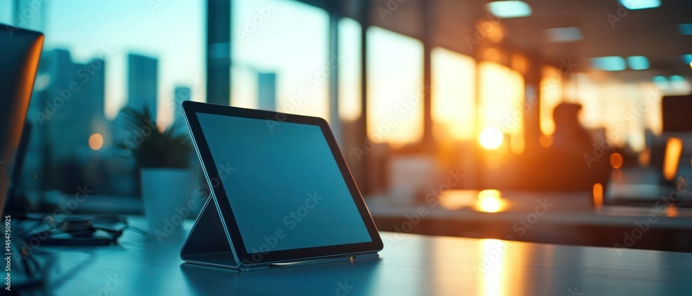 Tablet computer sits prominently on office desk, bathed in warm glow of setting sun, representing modern business environment. Tablet computer sits prominently on office desk, bathed in warm glow of setting sun, representing modern business environment.