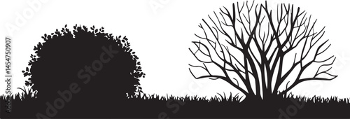 A vector illustration of a white background with silhouettes of a bush and a bare bush, along with decorative garden plants in the background
