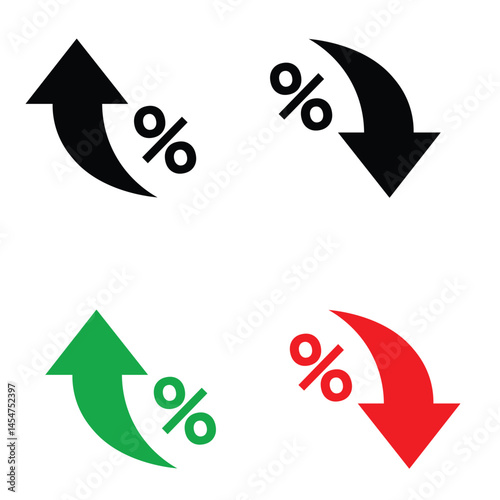 Percent arrow icon. Growth, increase, decrease arrow filled icons. Up arrows, down arrows. Vector