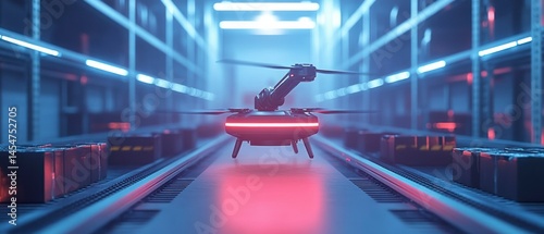 Delivery drone with robotic arm moves along conveyor belt within warehouse, symbolizing technological advancement.