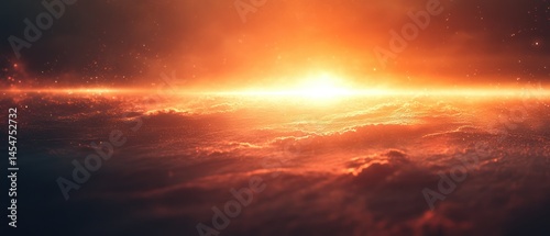 Blazing horizon displays fiery clouds, ethereal glow painting celestial vista.