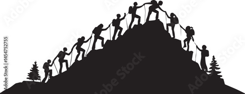 A vector illustration of silhouettes of a group of friends helping each other to reach the mountain top, with multiple terrains