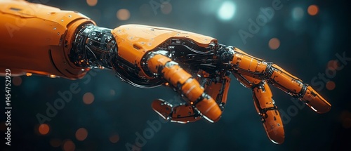 Orange robotic arm points with precision against blurred background, showcasing technological advancement.