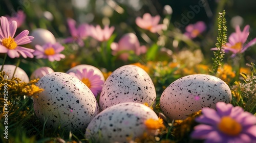 Easter eggs rest amongst wildflowers, creating a festive scene celebrating spring and new beginnings.