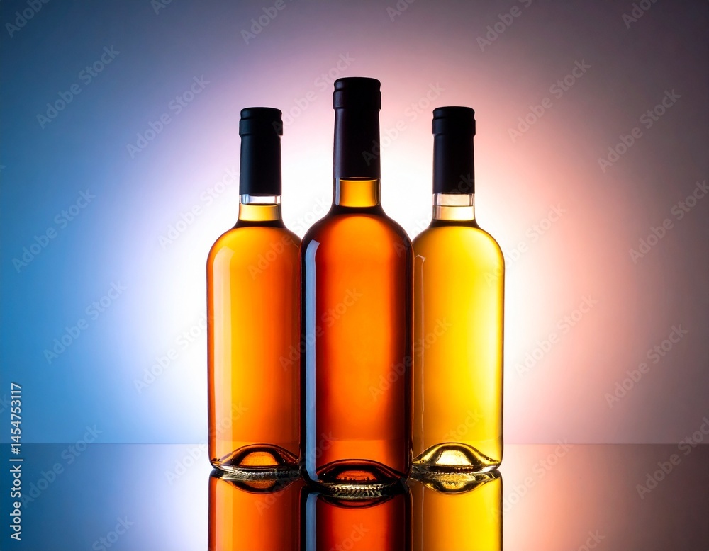 Professional alcohol product photography with a set of three bottles on a mirror surface, shining backlight.Professional alcohol product photography with a set of three bottles on a mirror surface, sh Professional alcohol product photography with a set of three bottles on a mirror surface, shining backlight.Professional alcohol product photography with a set of three bottles on a mirror surface, sh