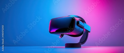 VR headset rests on a stand, bathed in neon pink and blue lighting representing technological advancement.