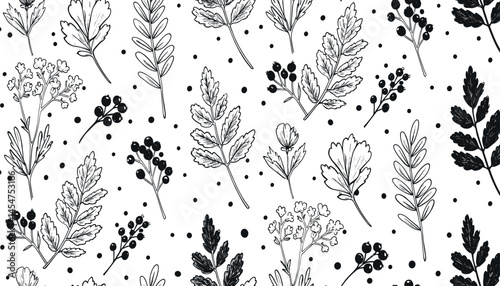 Winter branch pattern. Vector Christmas tree. Crayon pine plant seamless. White black hand drawn mistletoe, fir pine, holly branch, Christmas tree pattern. Line Xmas background.