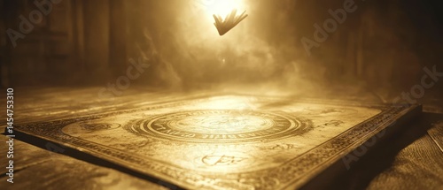 Occult book levitates above open tome, illuminated by ethereal light.