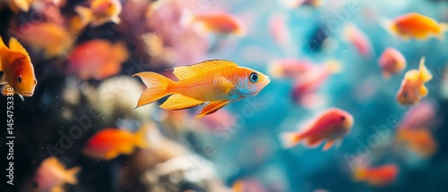 Goldfish gracefully swim within vibrant coral reef, creating tranquil underwater atmosphere.
