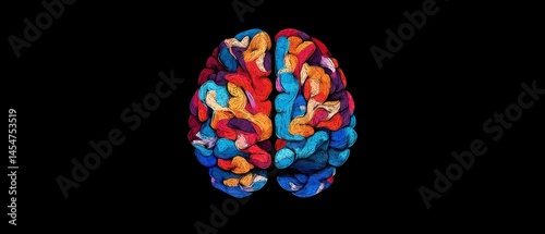 Colorful human brain, displayed with vibrant abstract design, symbolizes intelligence, mental health, creativity, and the complexities of human cognition.