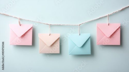 Love letters on string with pastel envelopes and empty cards - minimalist romantic decor with soft colors, sweet aesthetic, artistic expression of love
